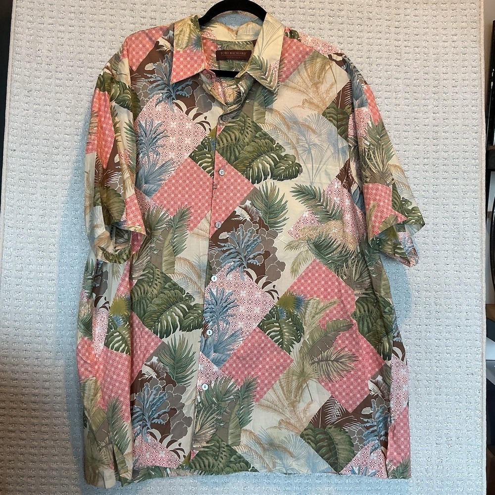 Men's Tori Richard Shirt Honolulu Cotton Lawn Quilt Pattern Palm Trees Ferns 2XB